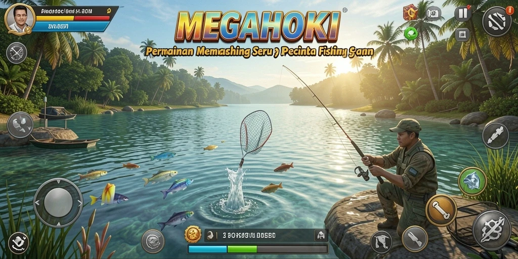 Screenshot menunjukkan gameplay memancing yang seru di MEGAHOKI.